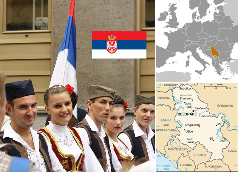 Serbian maps and flag. Photo of Serbian people by Aktron / Wikimedia Commons.