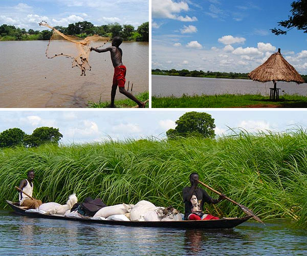 Local boy fishing at Lake Kazana in Maridi area - Equatoria region of South Sudan. Lake Kazana and scenic beauty of Maridi area. Photos by Akashp65. Boat on the White Nile, Photo by Andreas Benutzer.