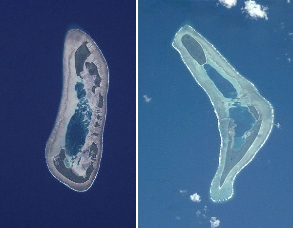 Nui atoll and Nanumea atoll, Tuvalu. Photos by NASA.