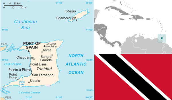 Maps and flag of Trinidad and Tobago courtesy of CIA World Factbook.