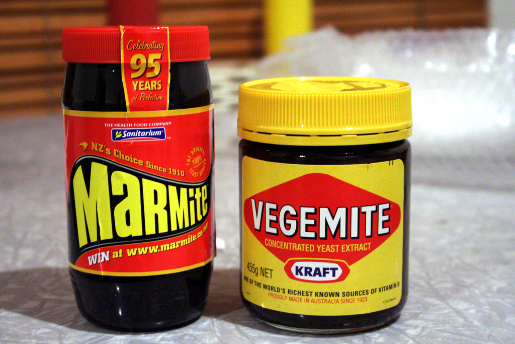 "Vegemite and Marmite" by AZAdam / AdamOriginal uploader was Scharks at en.wikipedia.Later version(s) were uploaded by Vanderdecken at en.wikipedia. - http://www.flickr.com/photos/38074672@N00/53574980Transferred from en.wikipedia. Licensed under CC BY-SA 2.0 via Wikimedia Commons - https://commons.wikimedia.org/wiki/File:Vegemite_and_Marmite.jpg#/media/File:Vegemite_and_Marmite.jpg