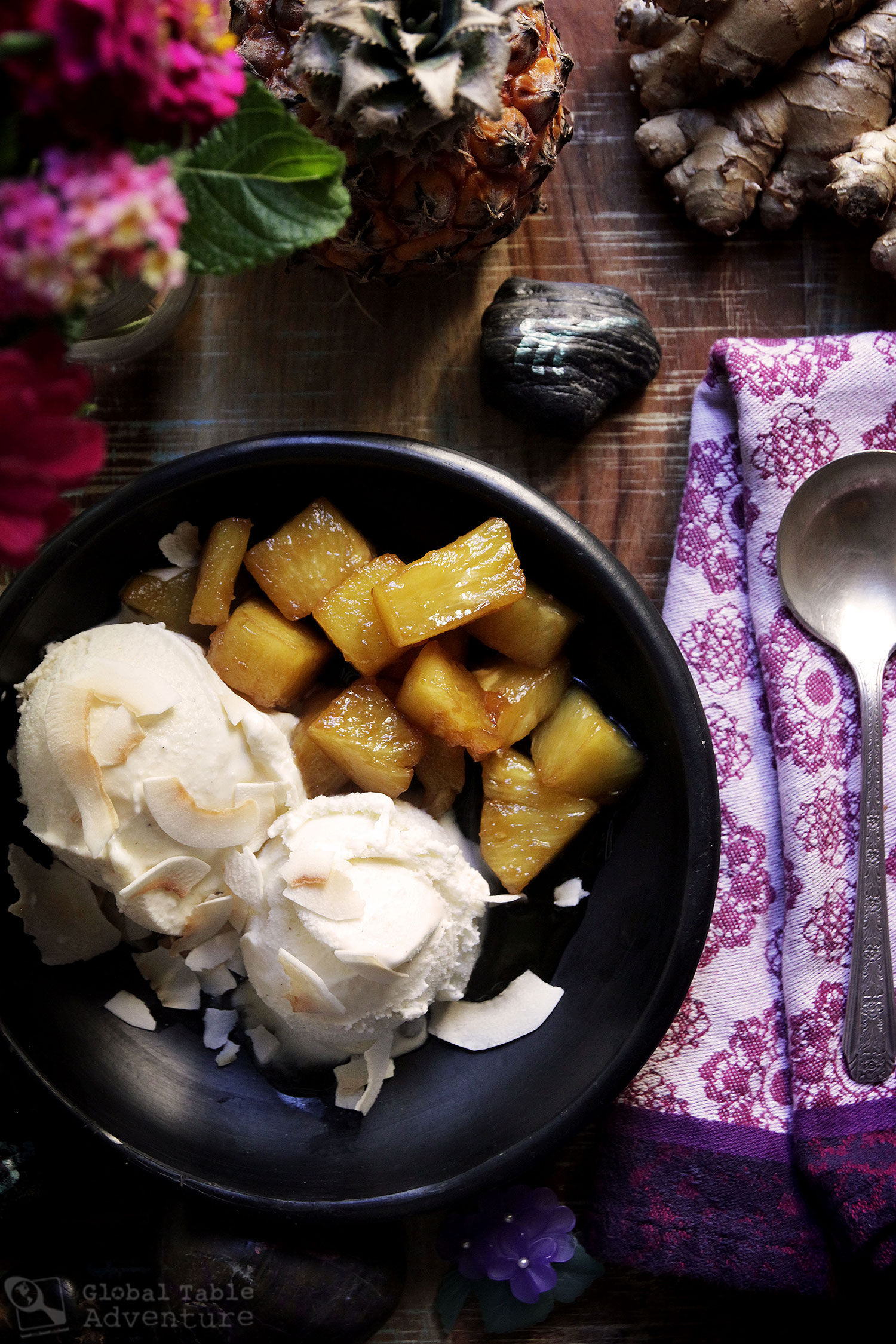 Recipe for Gingered Pineapple Sundae with toasted coconut