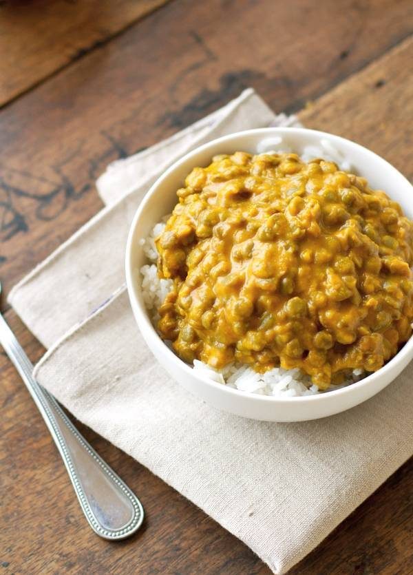 Kabocha Squash Lentil Curry in a white bowl.