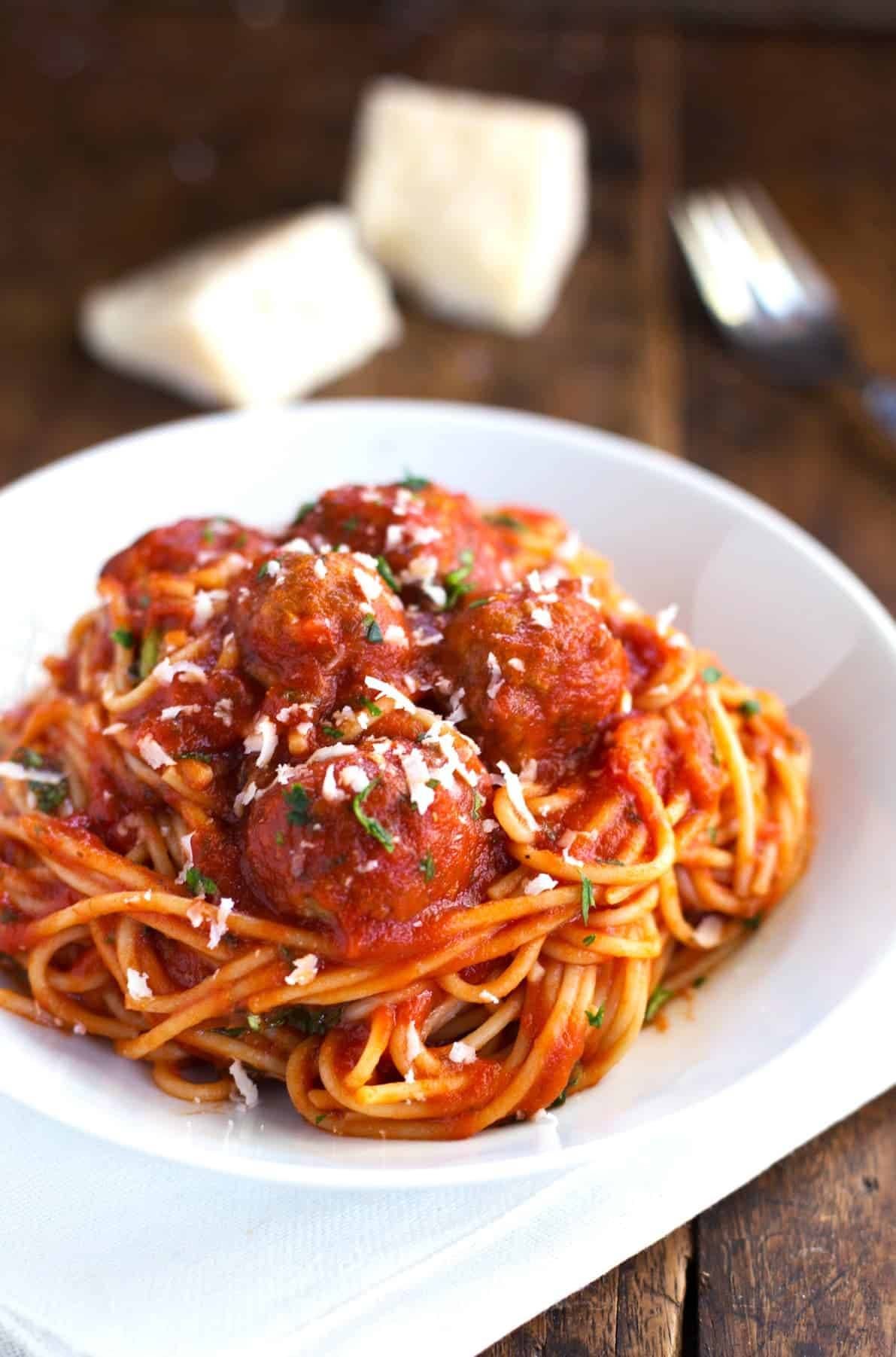 Spaghetti and Meatballs on a plate.