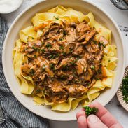 Beef stroganoff in a bowl.