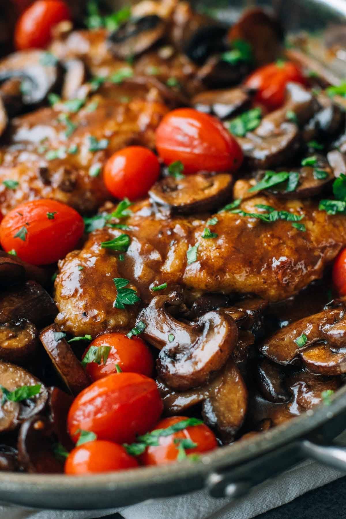 Chicken Marsala in a skillet up close.